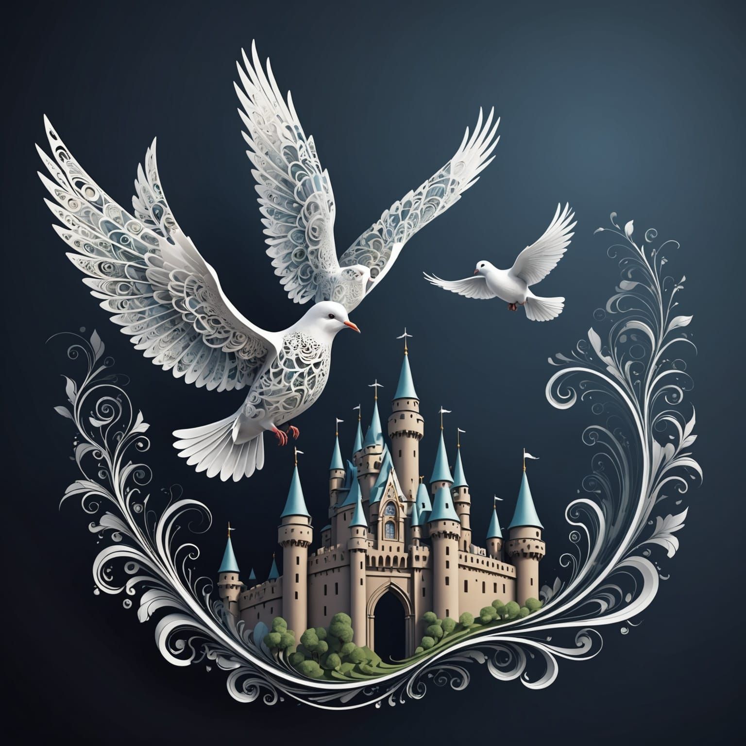 Dove Soars Around Enchanted Castle