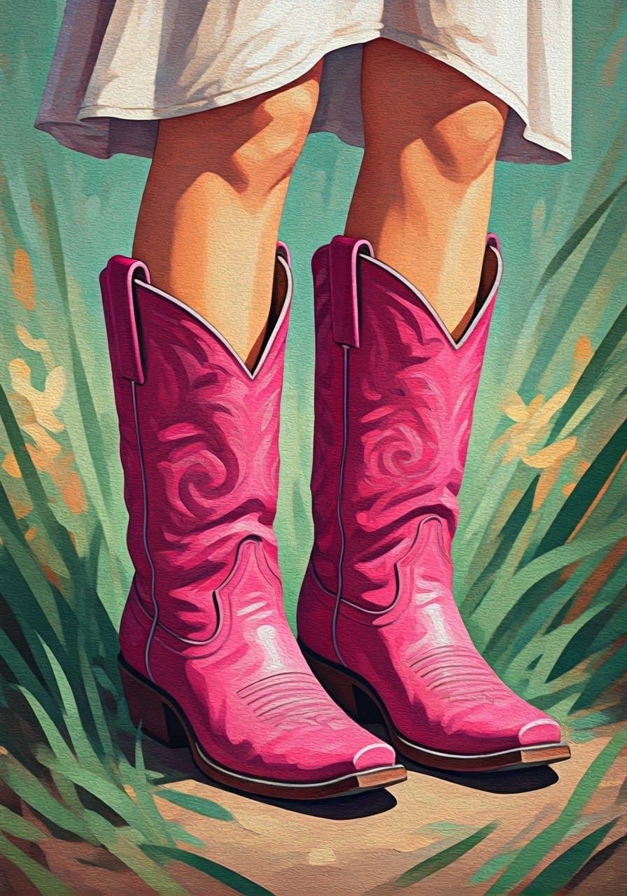 Cowgirl's Boots in Vibrant Pink, Set against Muted Floral Ba...