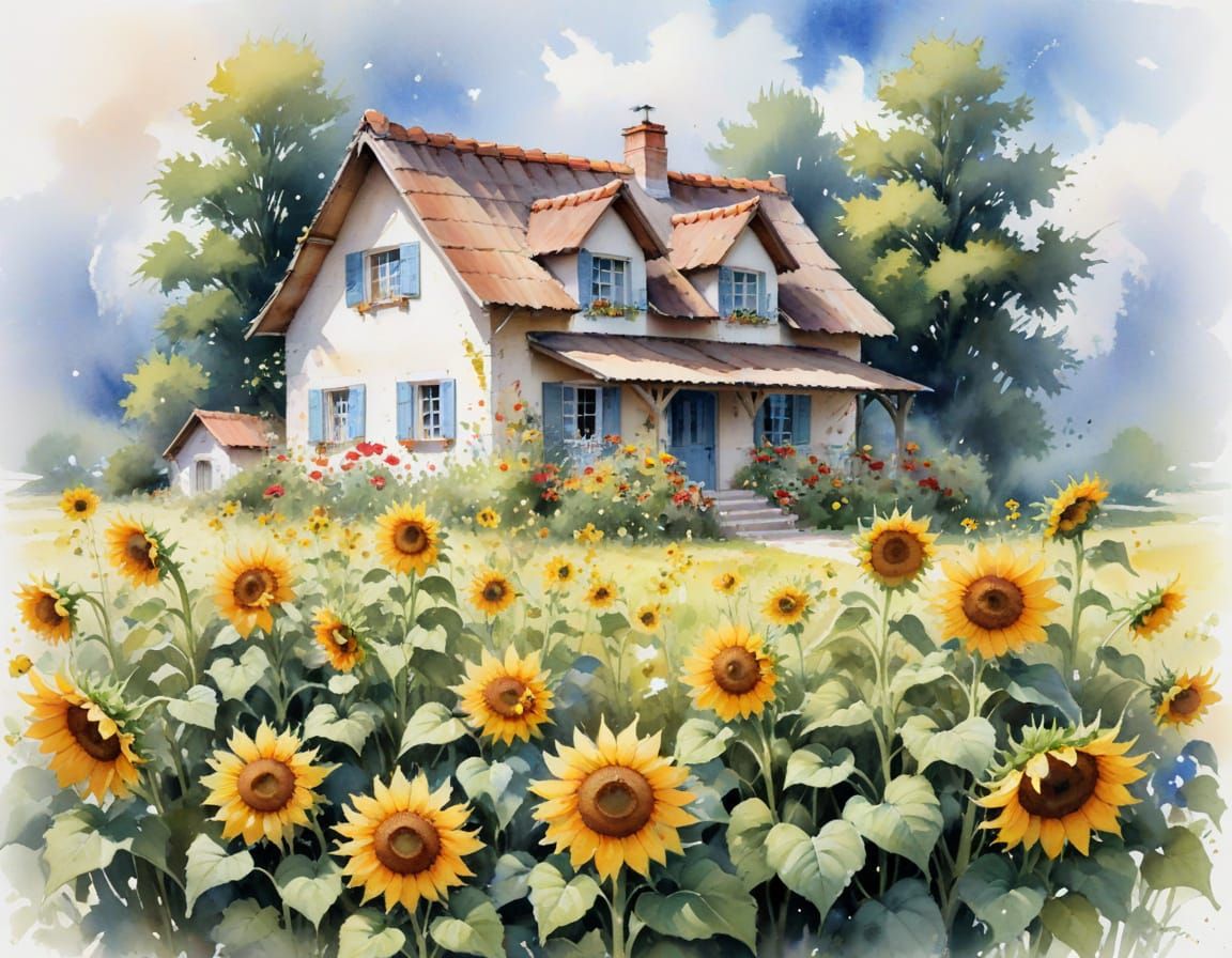 Charming Cottage Surrounded by Sunflowers: Watercolor Illust...