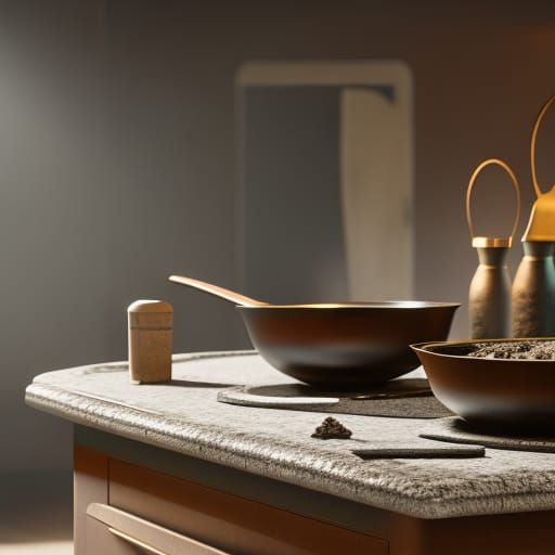 Kitchen Utensils on Granite in Detailed Matte Painting