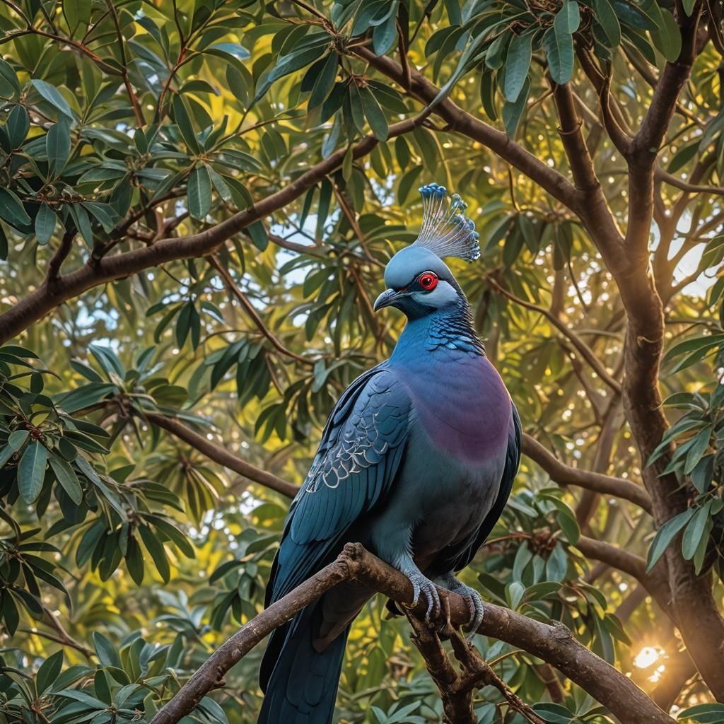 Crowned Pigeon Perched in Lush Avocado Tree