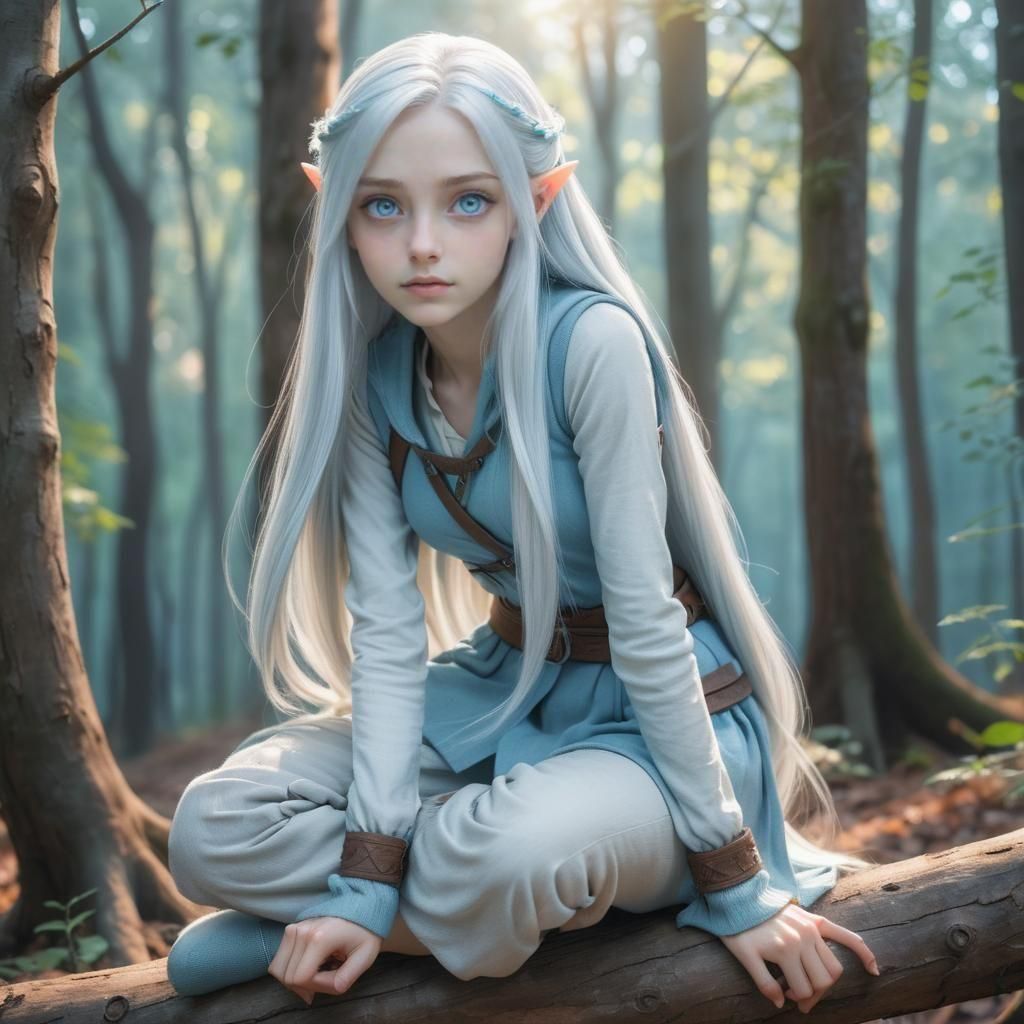 Elf Girl with Silver Hair in Forest