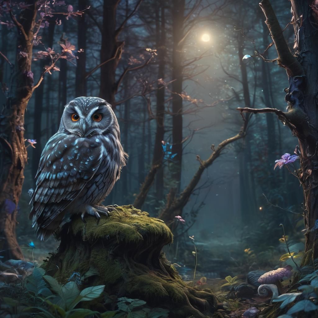 Whimsical Owl in a Dreamlike Forest Scene