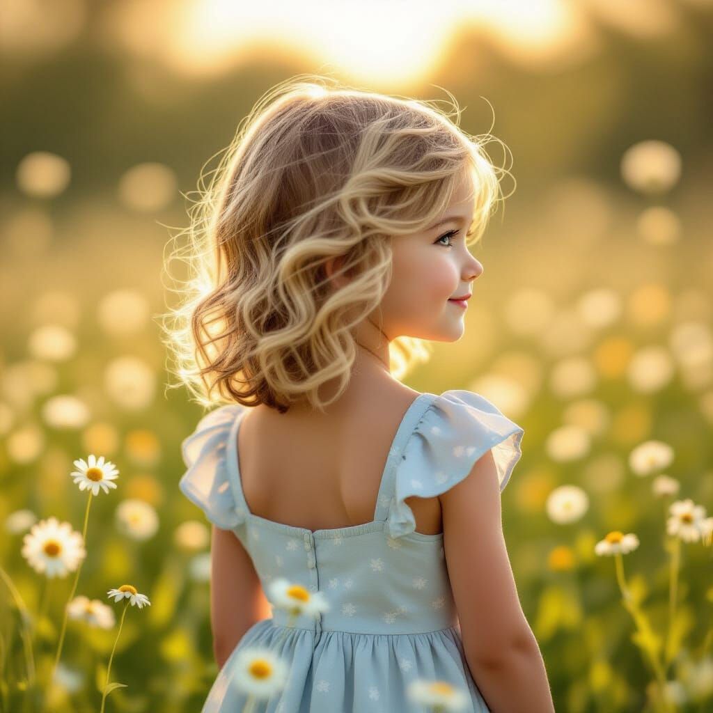 Girl's Shy Smile in Sunlit Meadow Storybook Illustration