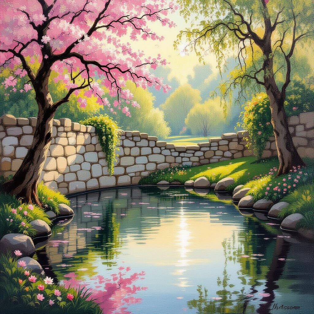 Vintage Oil Painting of a Secret Lakeside Garden