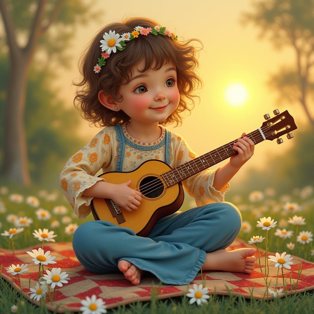 Boho Child Strums Guitar in Daisy Circle