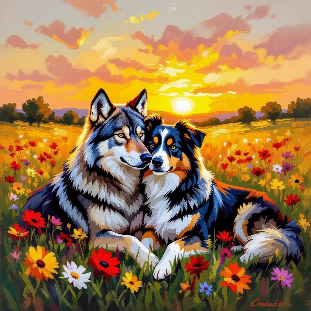 Wolf and Aussie Shepherd Cuddling in Sunset Meadow Oil Paint...