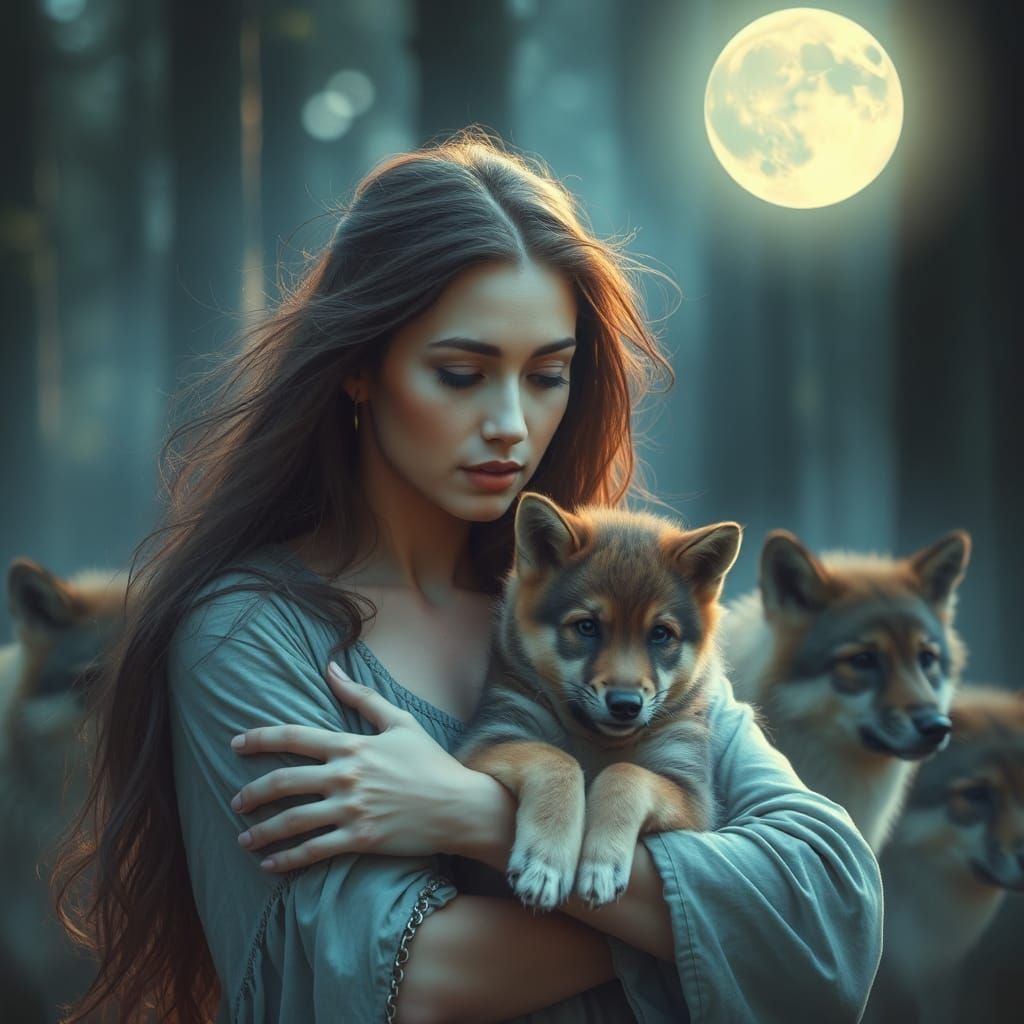 Mystical Forest Guardian with Wolves Under the Moon