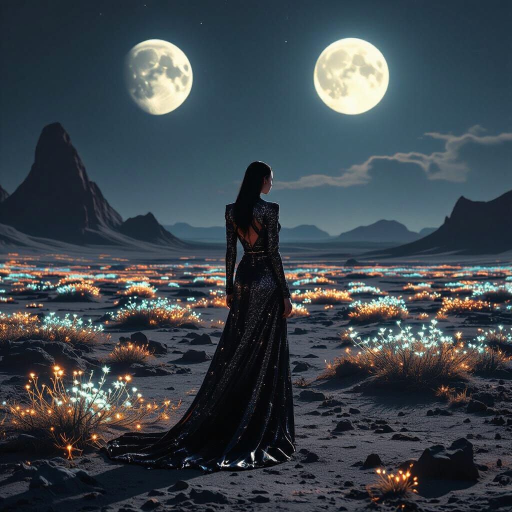 Fashion Model on Alien Planet Under Twin Moons