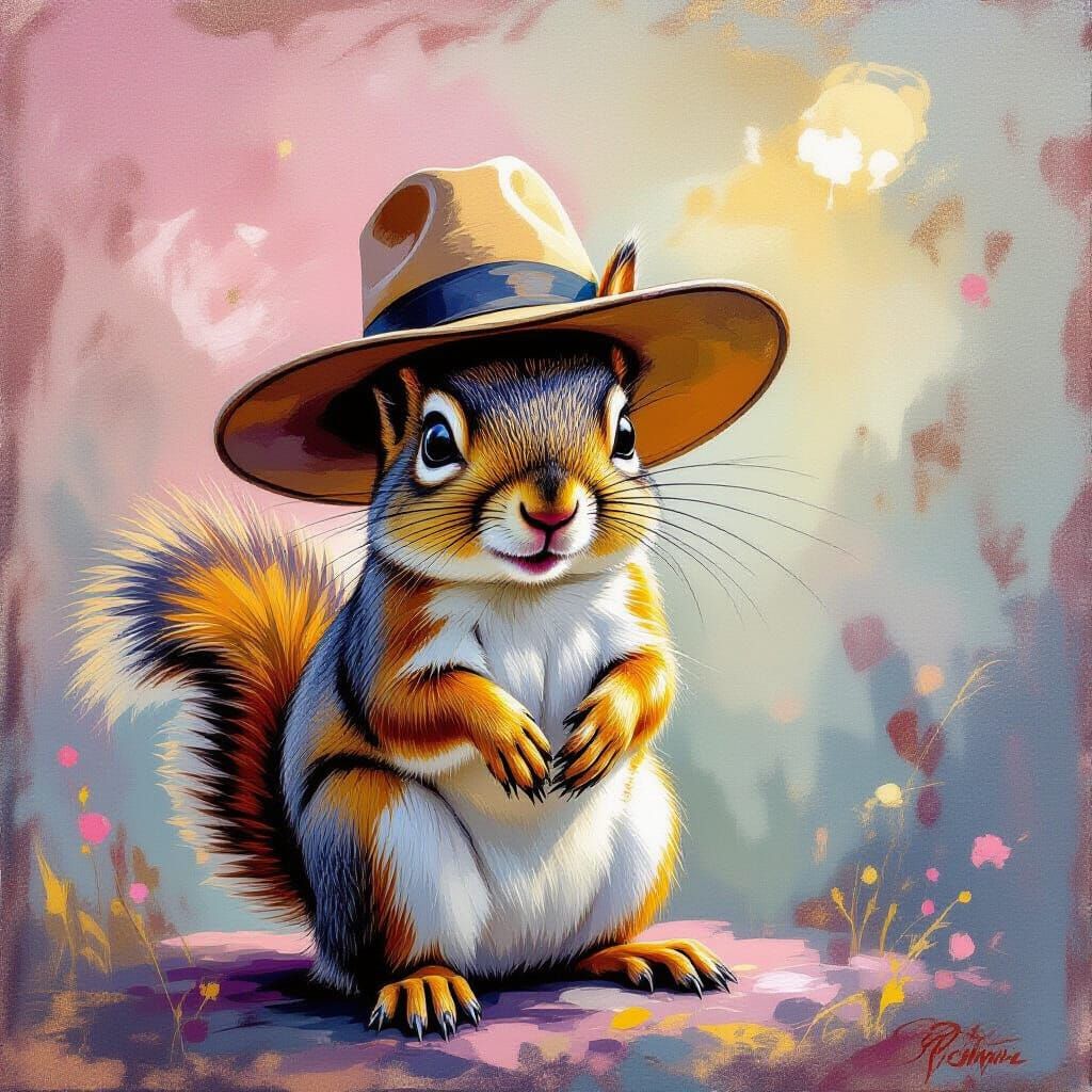 Squirrel in Hat: Whimsical Mixed Media Portrait