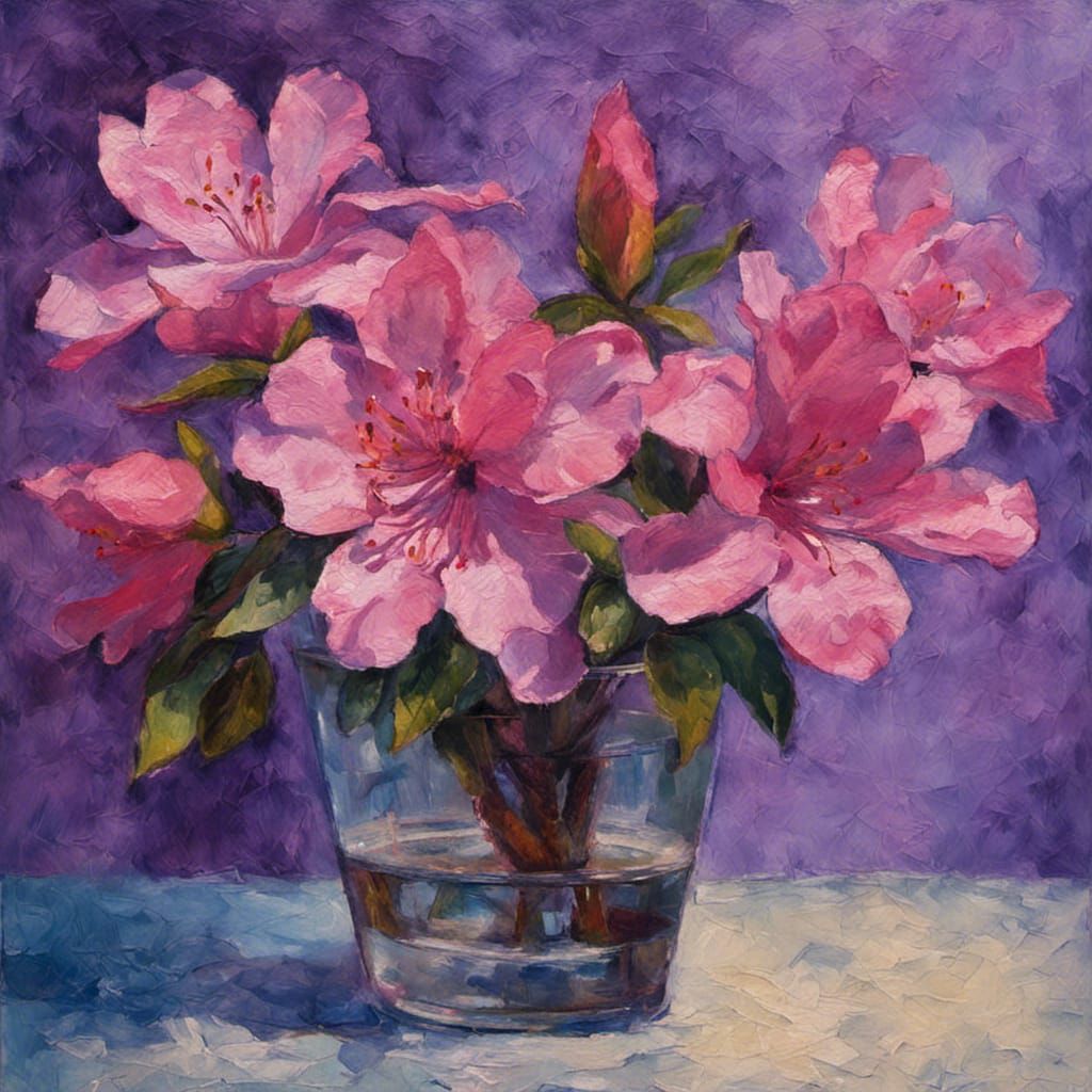 Azalea Flowers in Vase: Neo-Impressionist Oil Painting