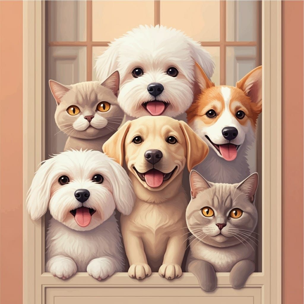 Cartoon Pets Peeking: A Colorful Digital Illustration