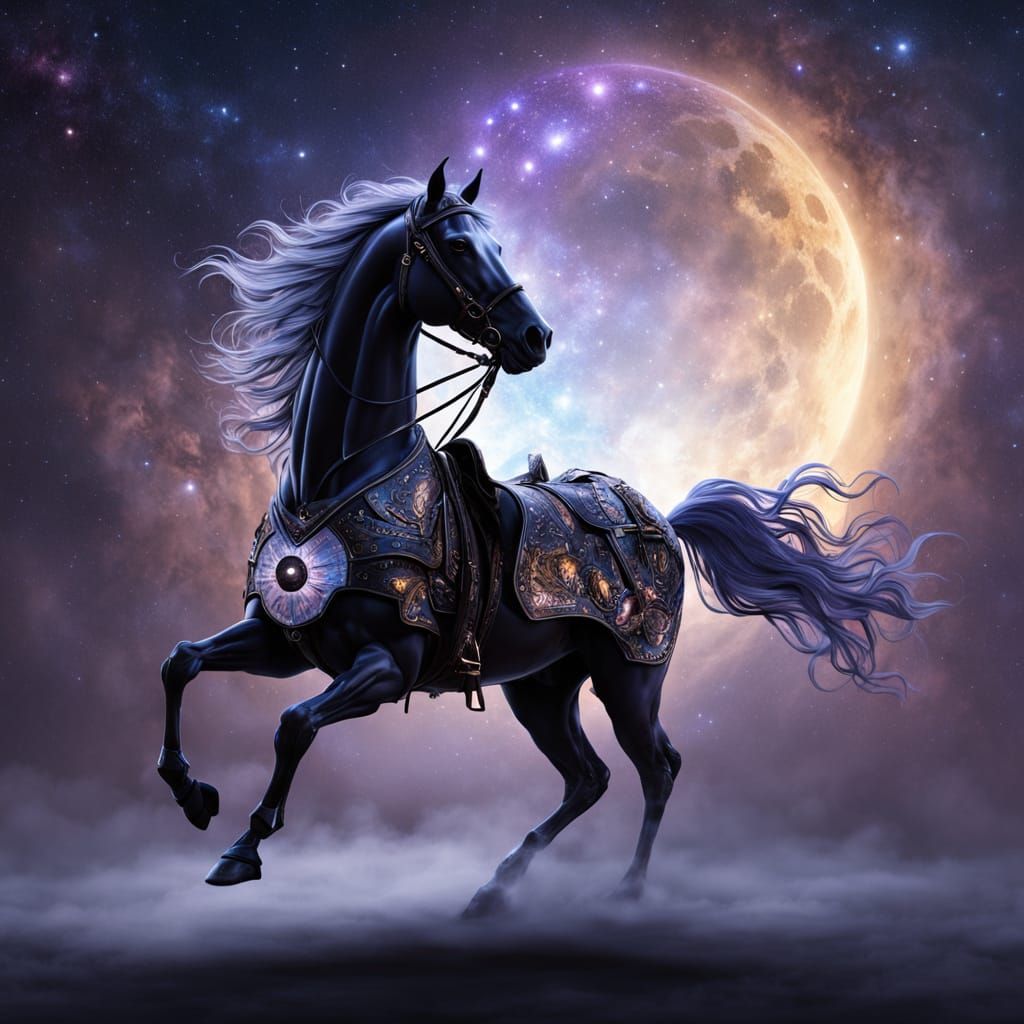Majestic Horse in Gothic Armor Soars Through Space with Rain...