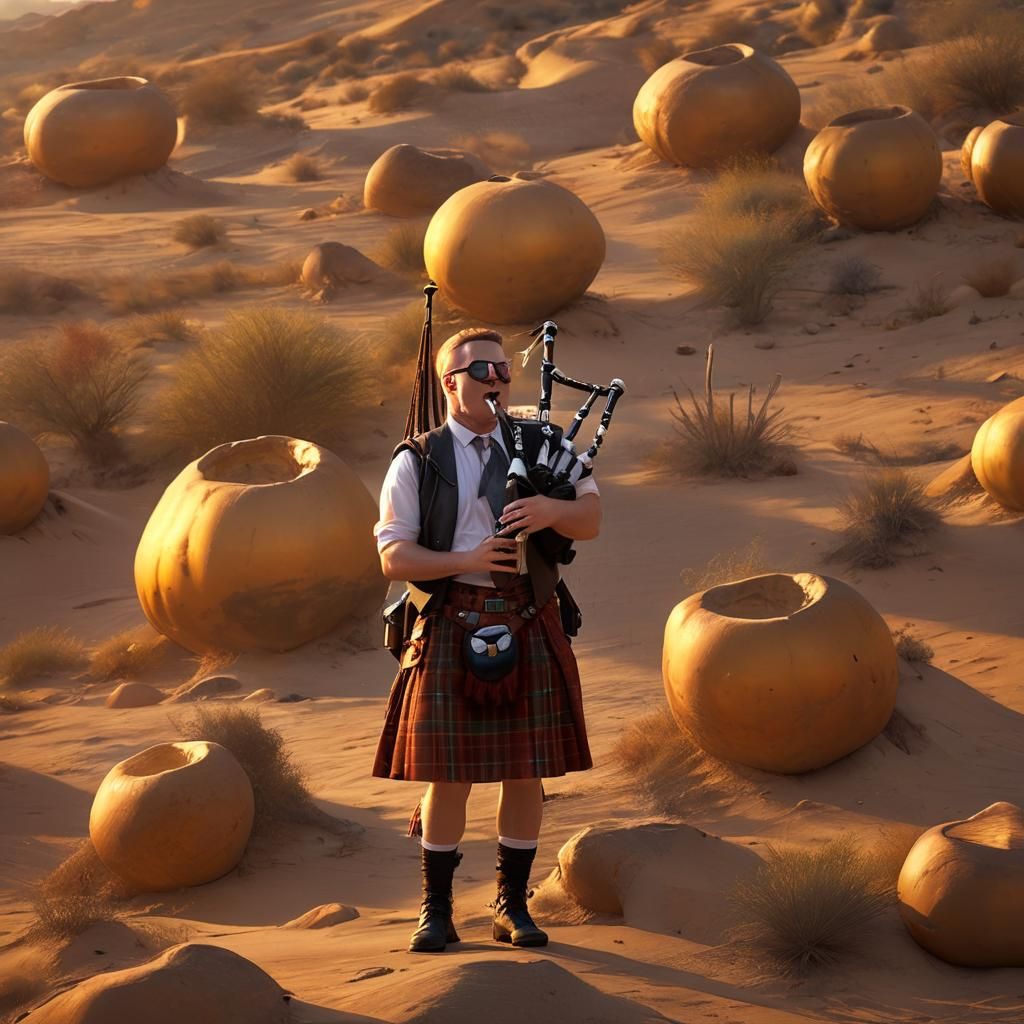 Scotsman in Desert with Bagpipes: Concept Art