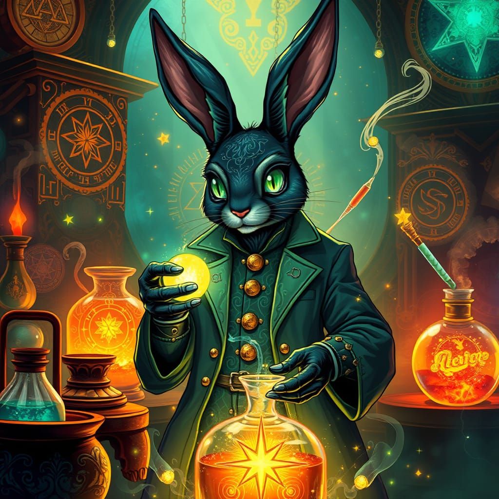 Surreal Bunny Alchemist Transmuting Starlight in a Biolumine...
