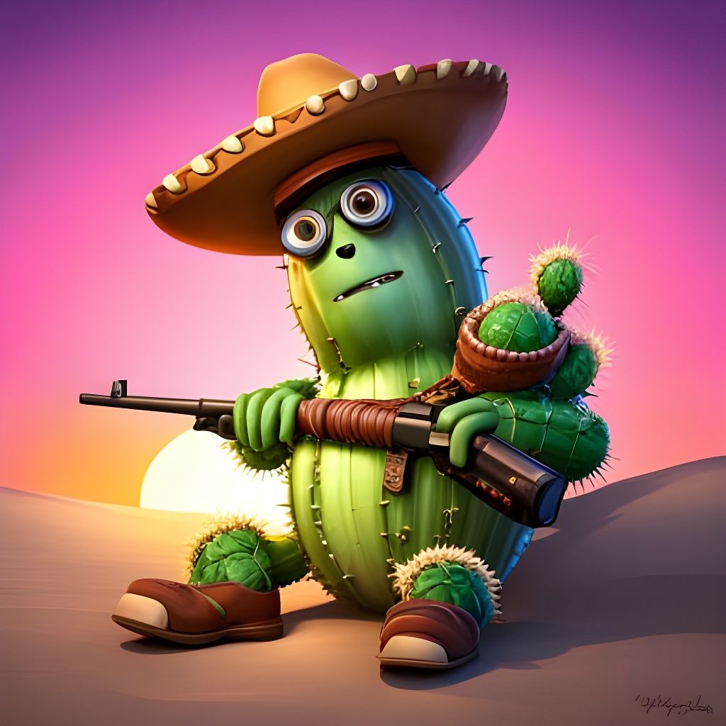 Cactus Sheriff in Mexico Desert, 3D Digital Art