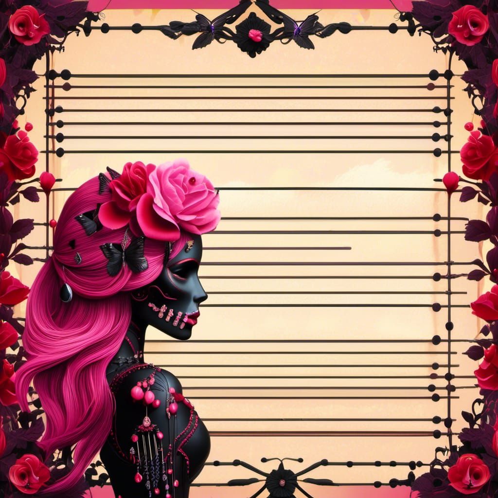 Gothic Notebook Page with Dark Flowers and Skulls