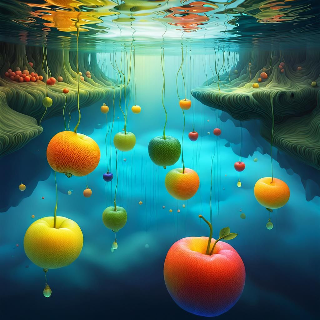 Enchanted River with Floating Water Fruits in Surrealism Sty...