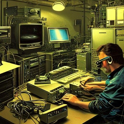 Retro Technician Repairs Sound Receiver as Digital Art