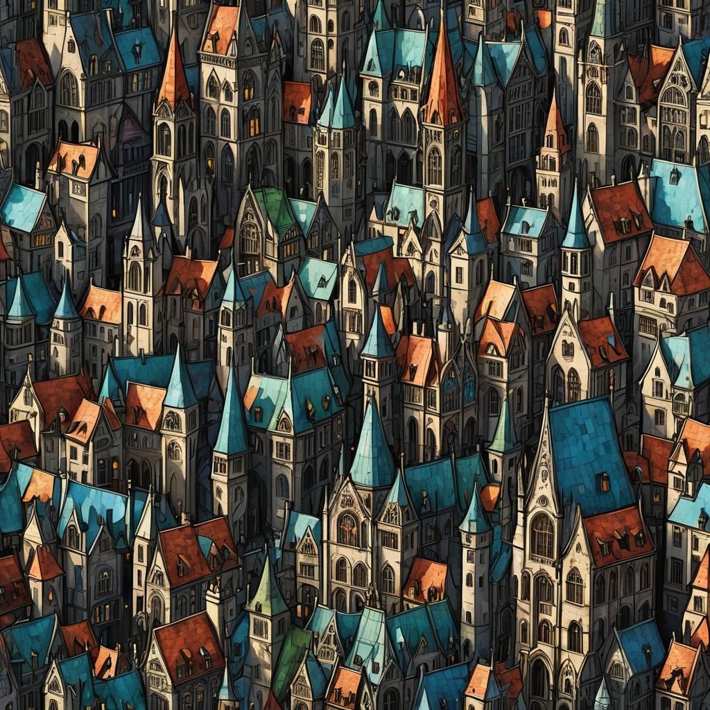 Dark Fantasy City Skyline with Gothic Architecture