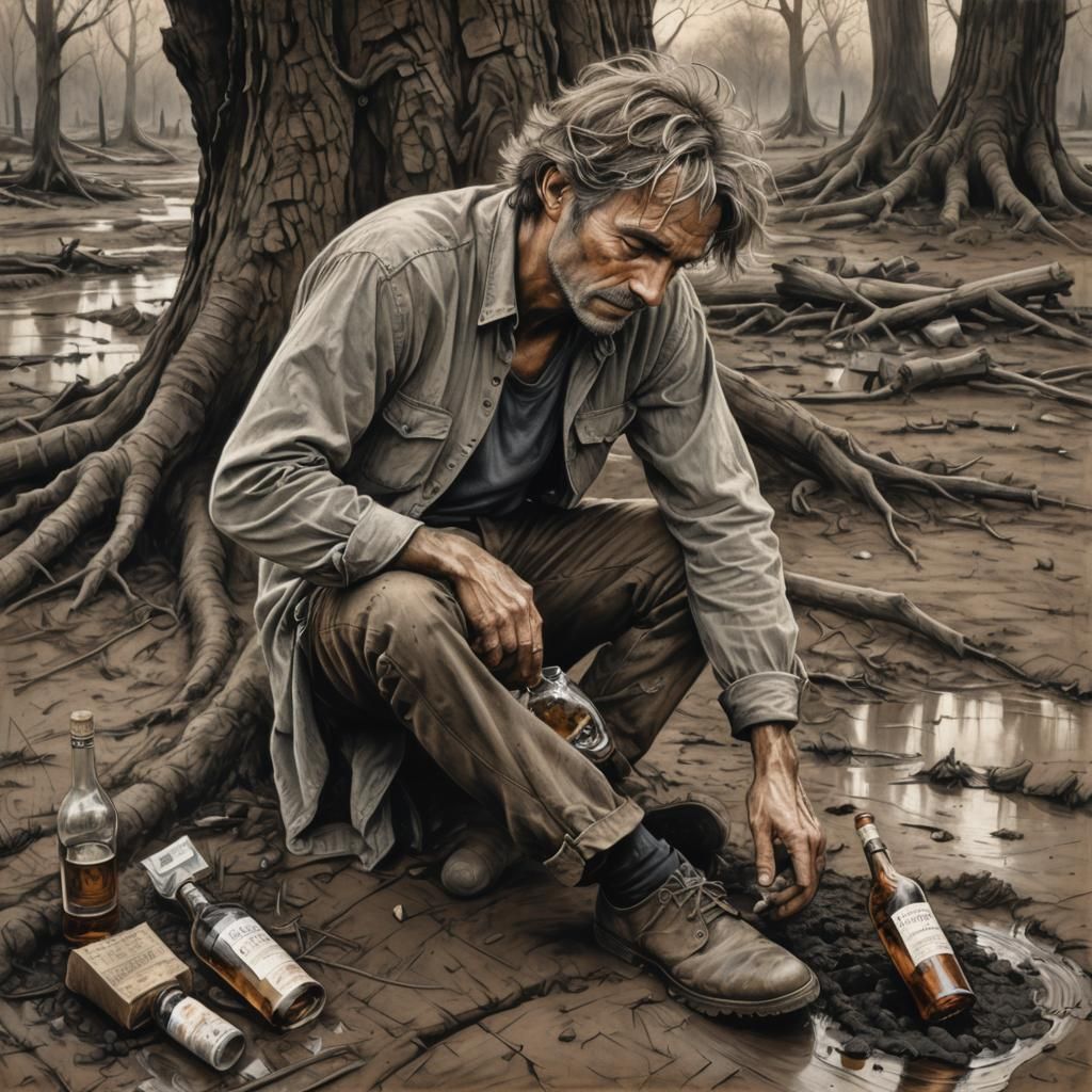 Disheveled Man with Brandy: Charcoal Drawing