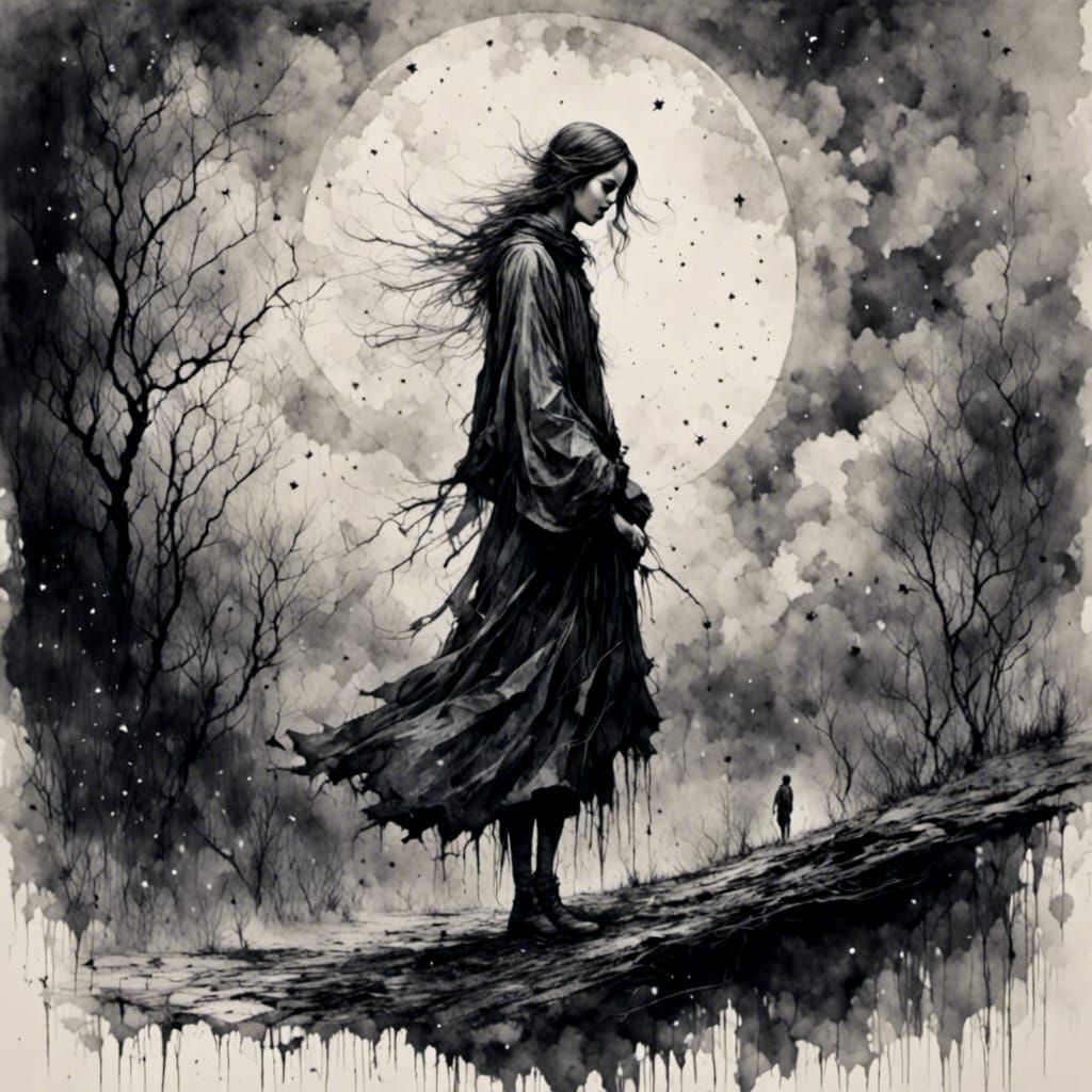 Lonely Star Gazing at Starry Sky: Charcoal Drawing