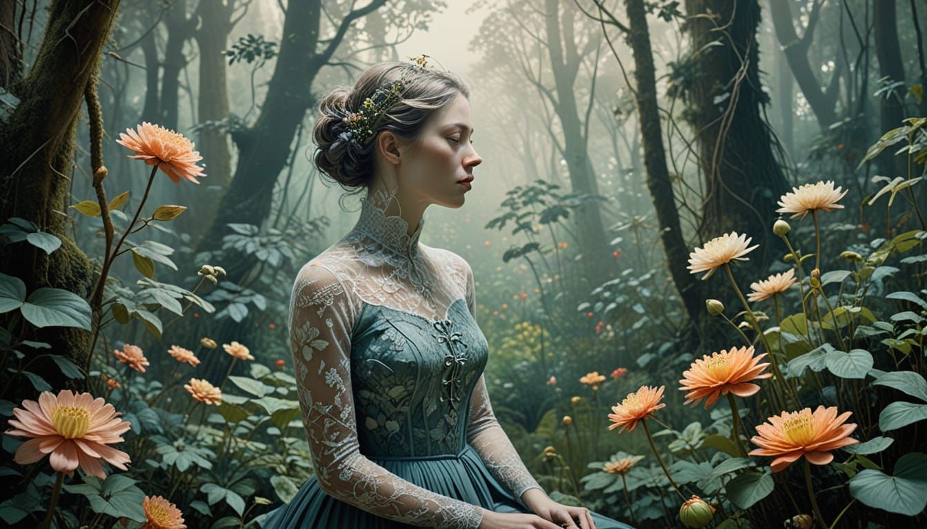 Ethereal Goth Woman Surrounded by Blooming Flowers in a Mist...