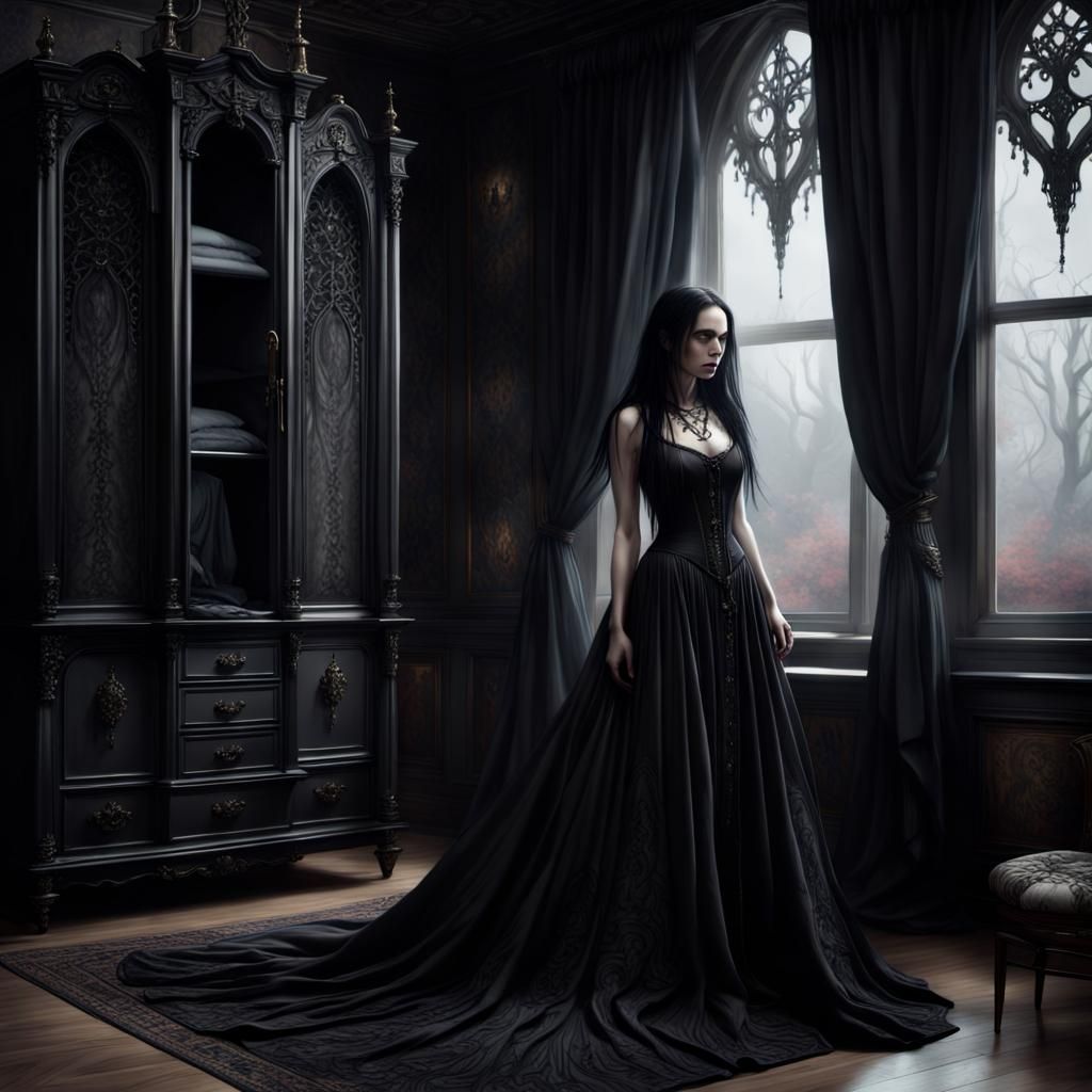 Dramatic Gothic Dress with Embroidery in Dark Bedroom