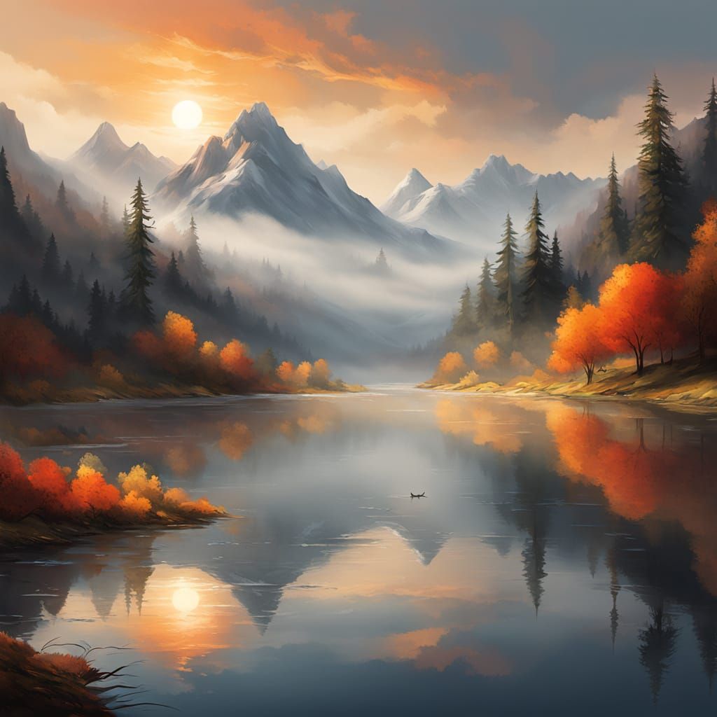 Vibrant Sunrise Over a Serene Mountain Lake in Oil Painting