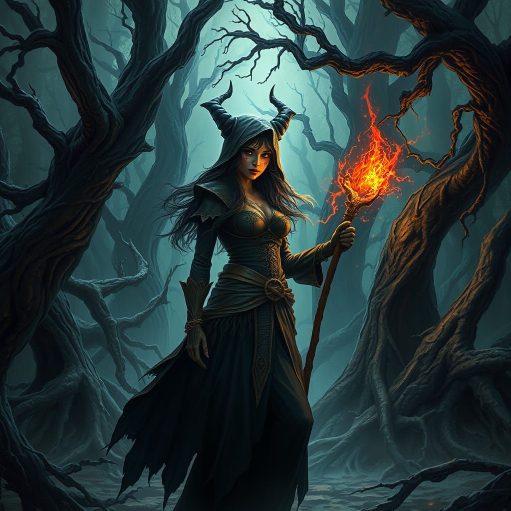 Witch Defies the Blighted Forest in Dark Fantasy Style