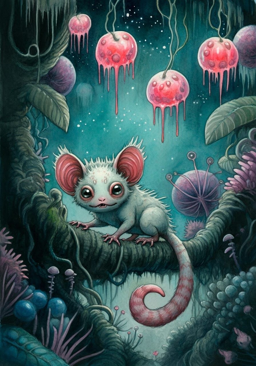 Whimsical Alien Discovers Glowing Jelly Fruits in a Starry J...