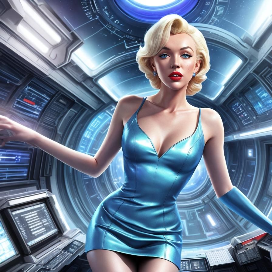 Marilyn Monroe-esque Woman on Spaceship Command Bridge