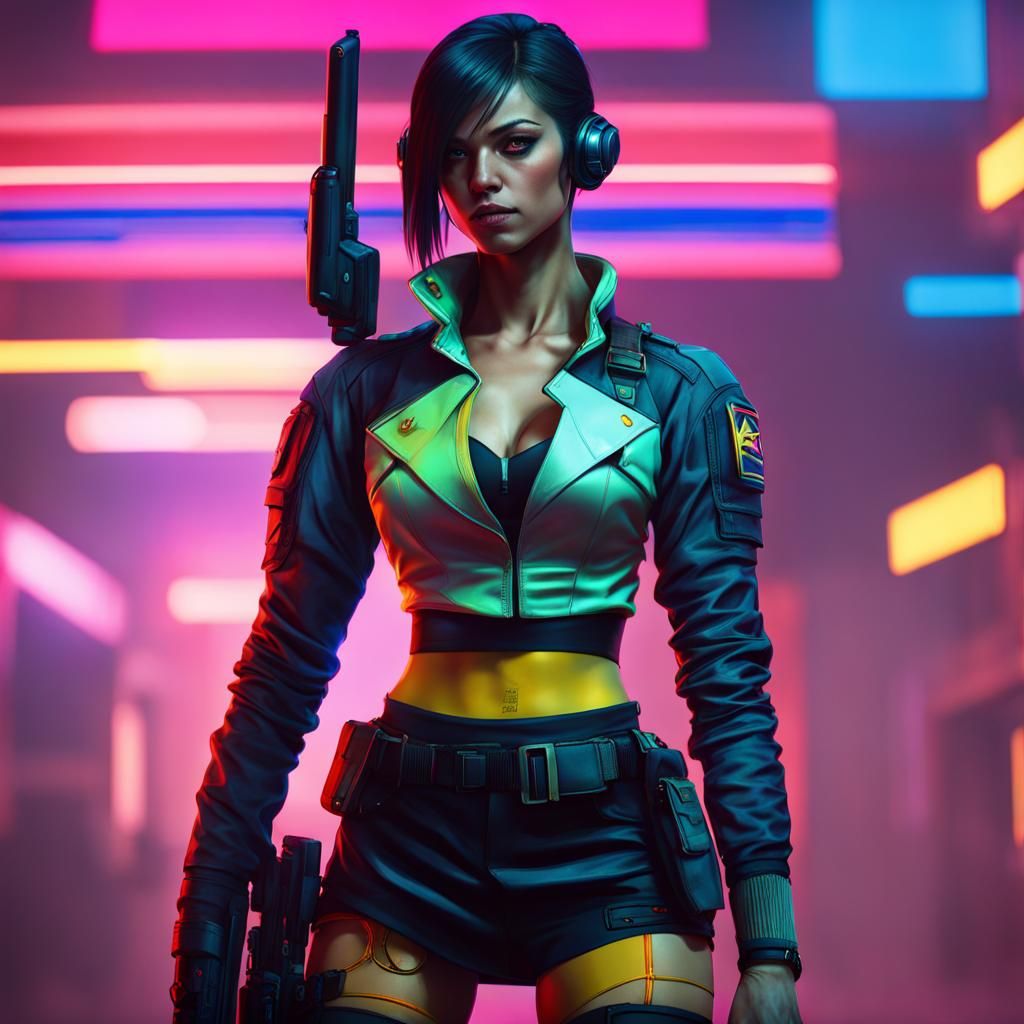 Cyberpunk Soldier in Neon Cityscape