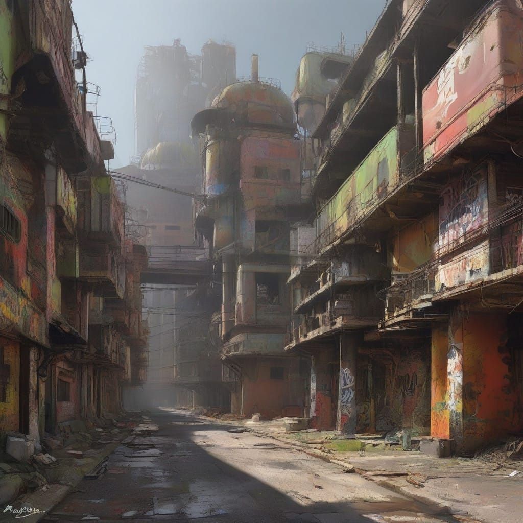 Haunting Industrial Cityscape in Eerie Surreal Graffiti Styl...