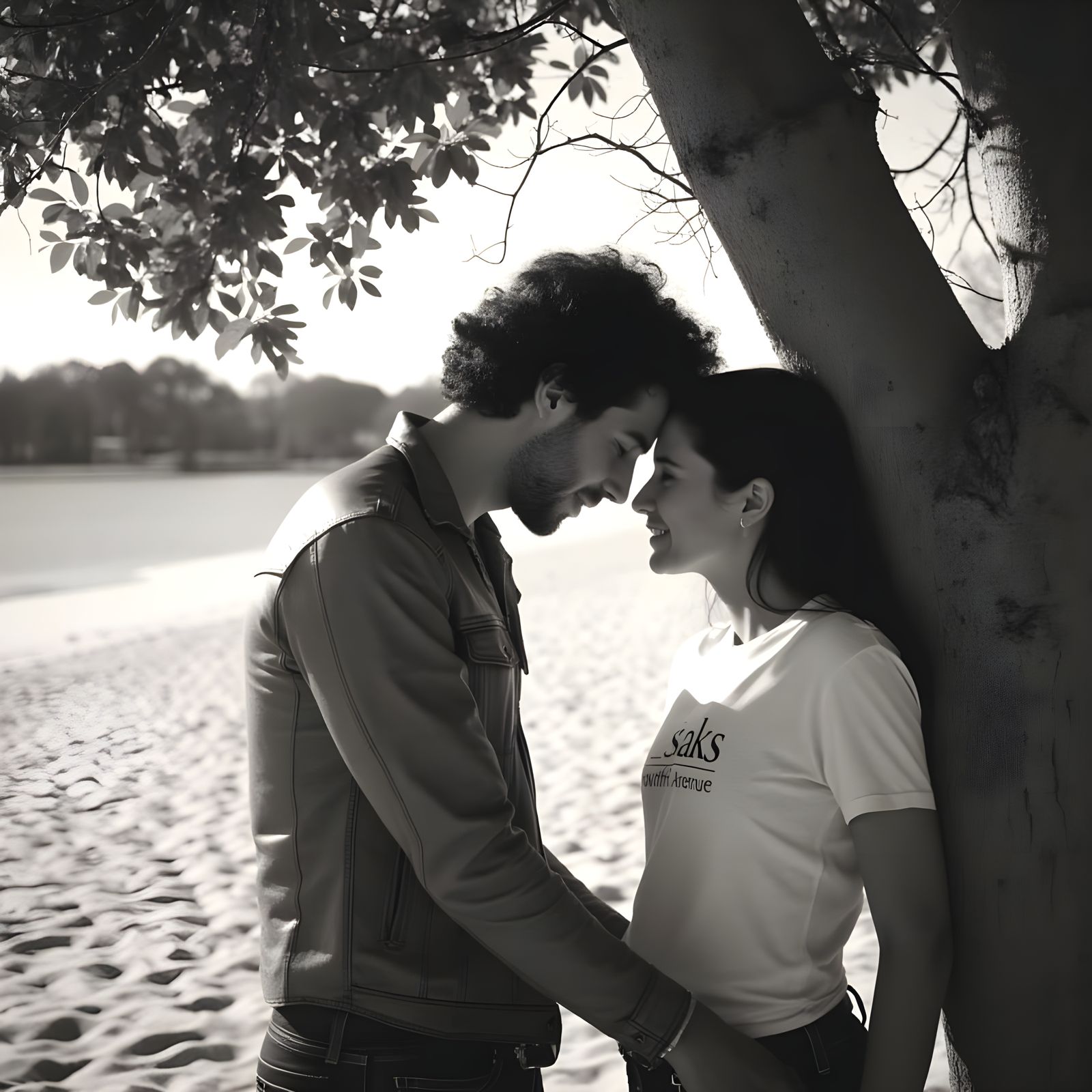 Couple Embracing on Beach in Nostalgic Black and White Photo