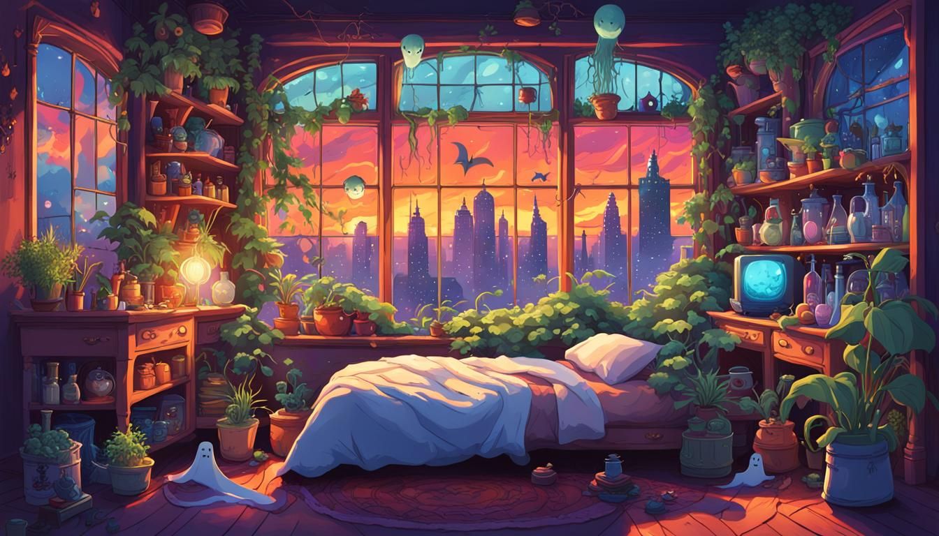 Happy Ghost in Whimsical Anime Room