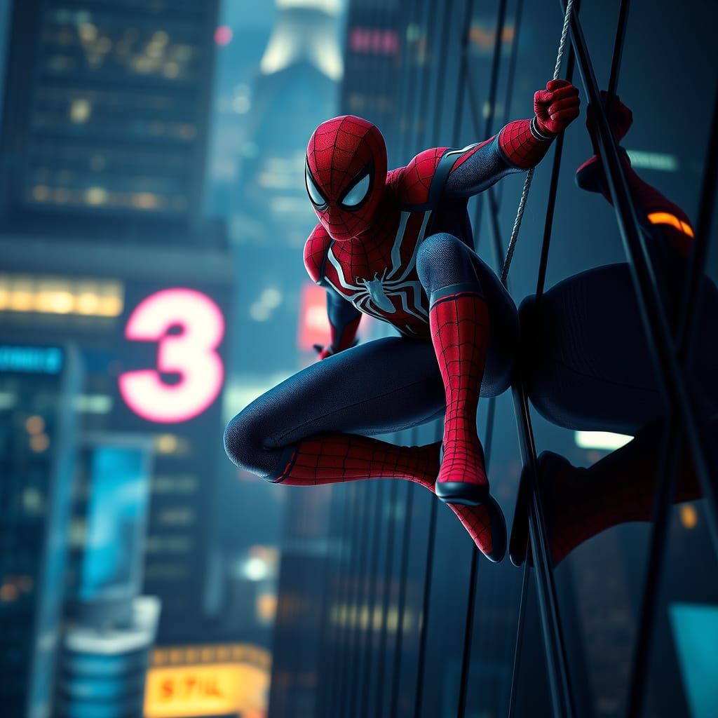 Spider-Man on Skyscraper with Number 3, Hyperrealistic