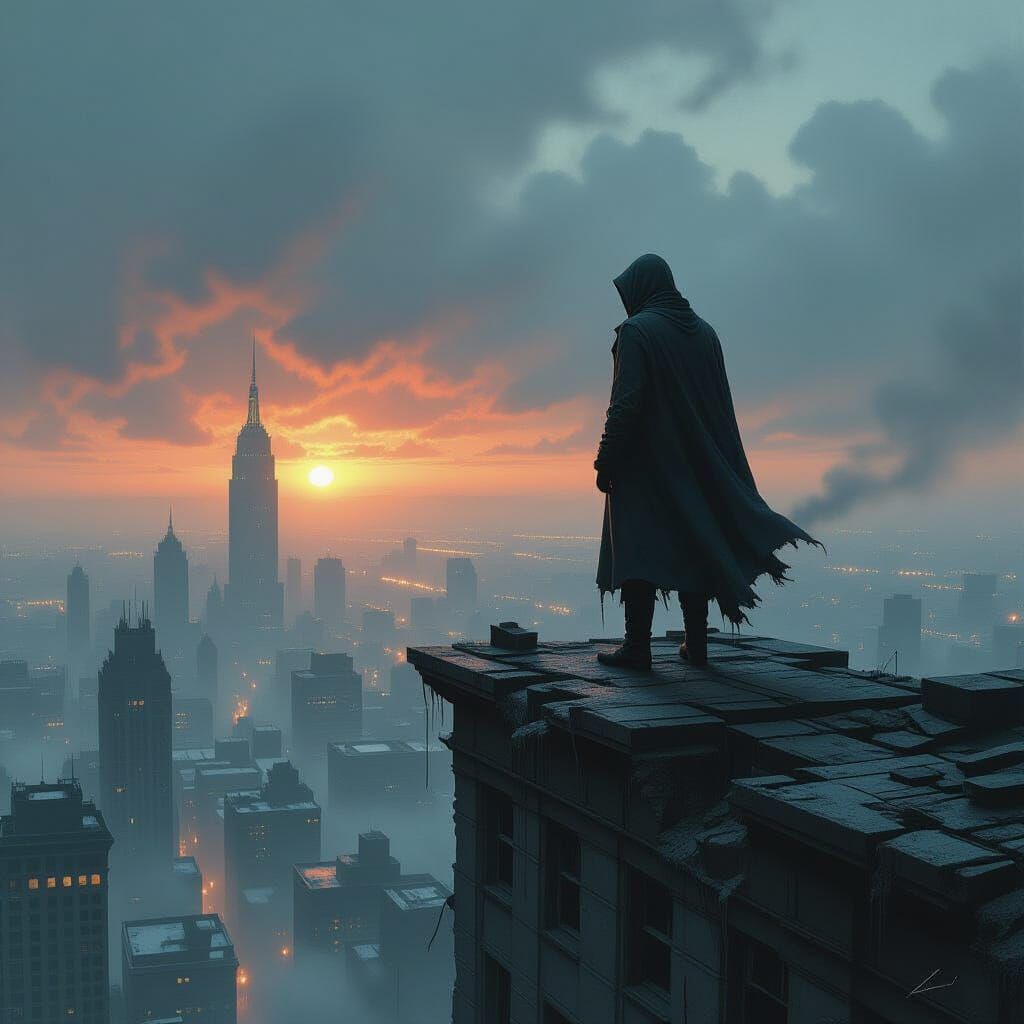 Figure Overlooking Desolate Cityscape in Twilight