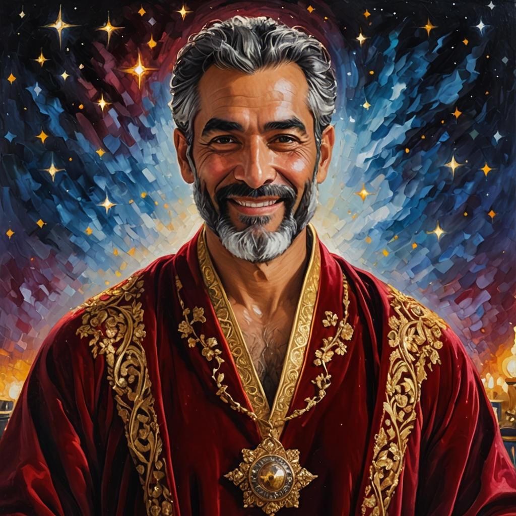 Divine Man in Velvet Robe: Neo-Impressionist Oil Painting