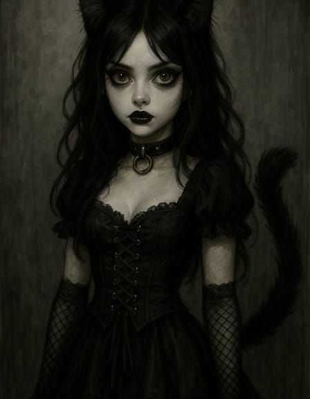 Gothic Anime Cat Girl in Dark Fantasy Throne