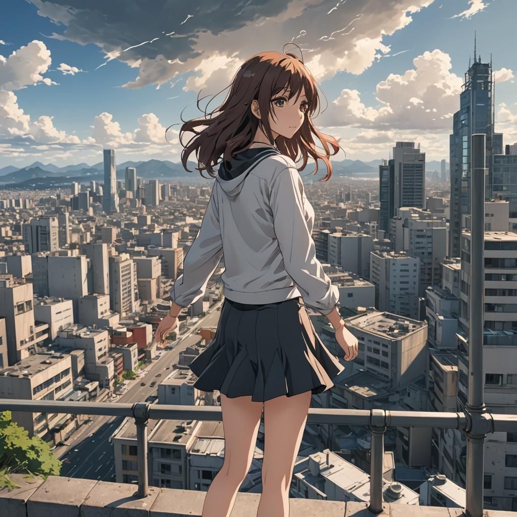 Anime Girl in Windy Cityscape