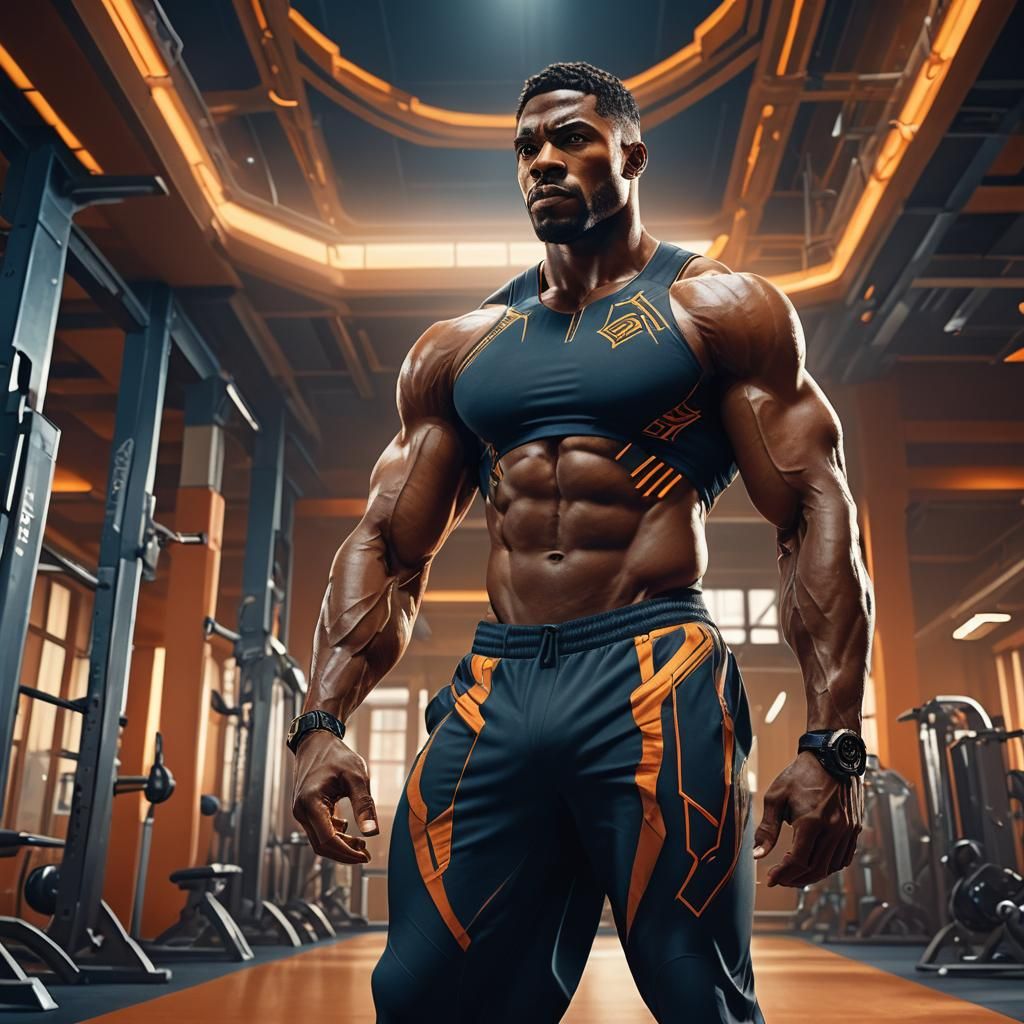 Muscular Man in Gym: Matte Painting with Vibrant Colors