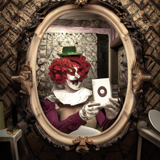 CLOWN TAKING A SILLY SELFIE IN A BATHROOM