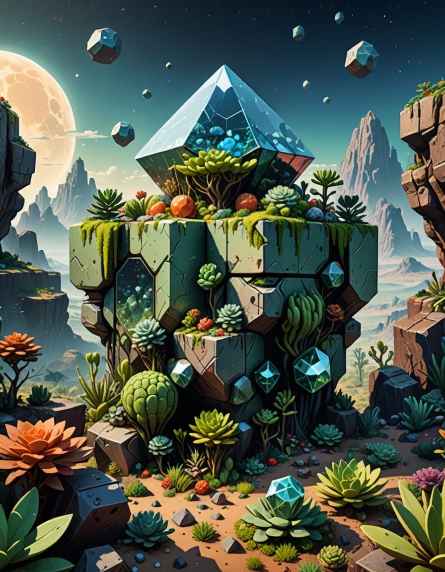 Alien World with Cubic Fruits and Angular Beings