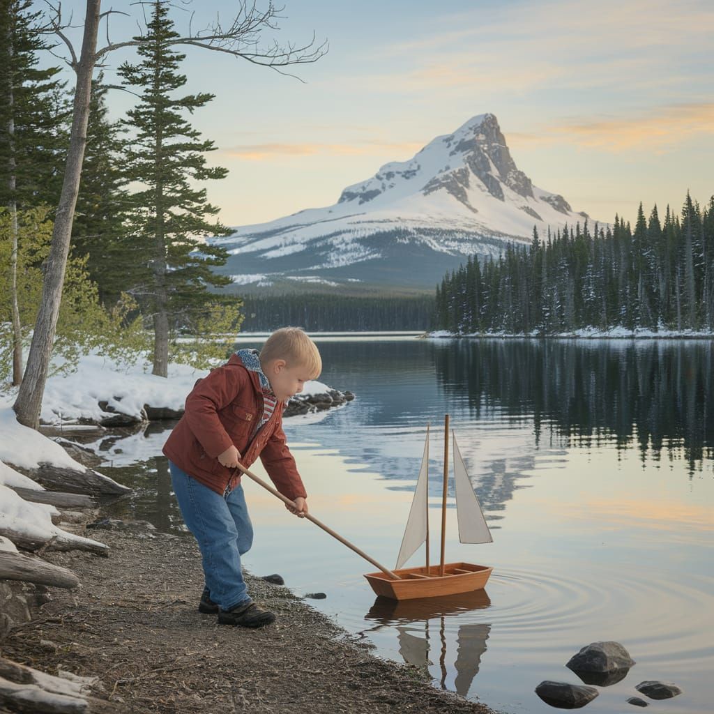 Boy Chasing Toy Sailboat on Maine Lake Shore in Spring