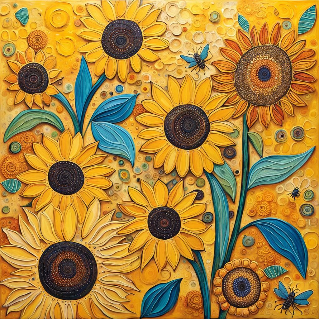 Yellow Abstract Art with Sunflowers and Bees