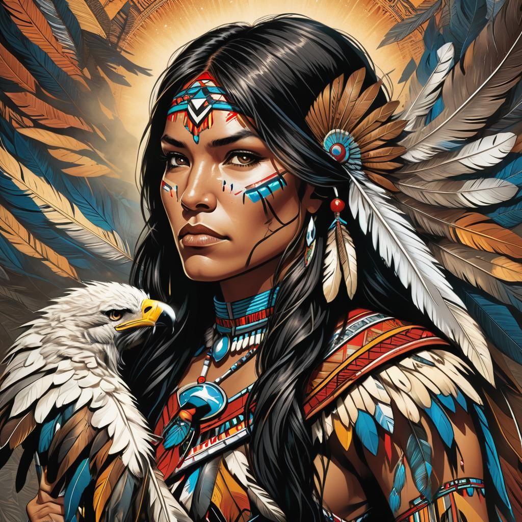 Native American Woman with Eagle Feather in Comic Book Style