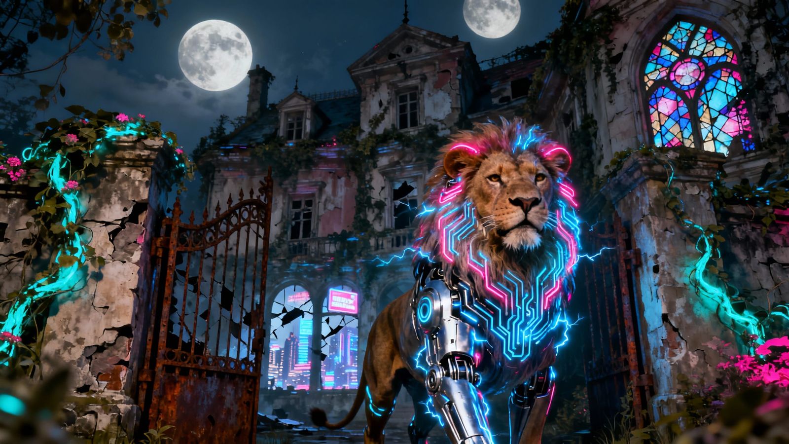 Cybernetic Lion Guards Bioluminescent Victorian Chateau
