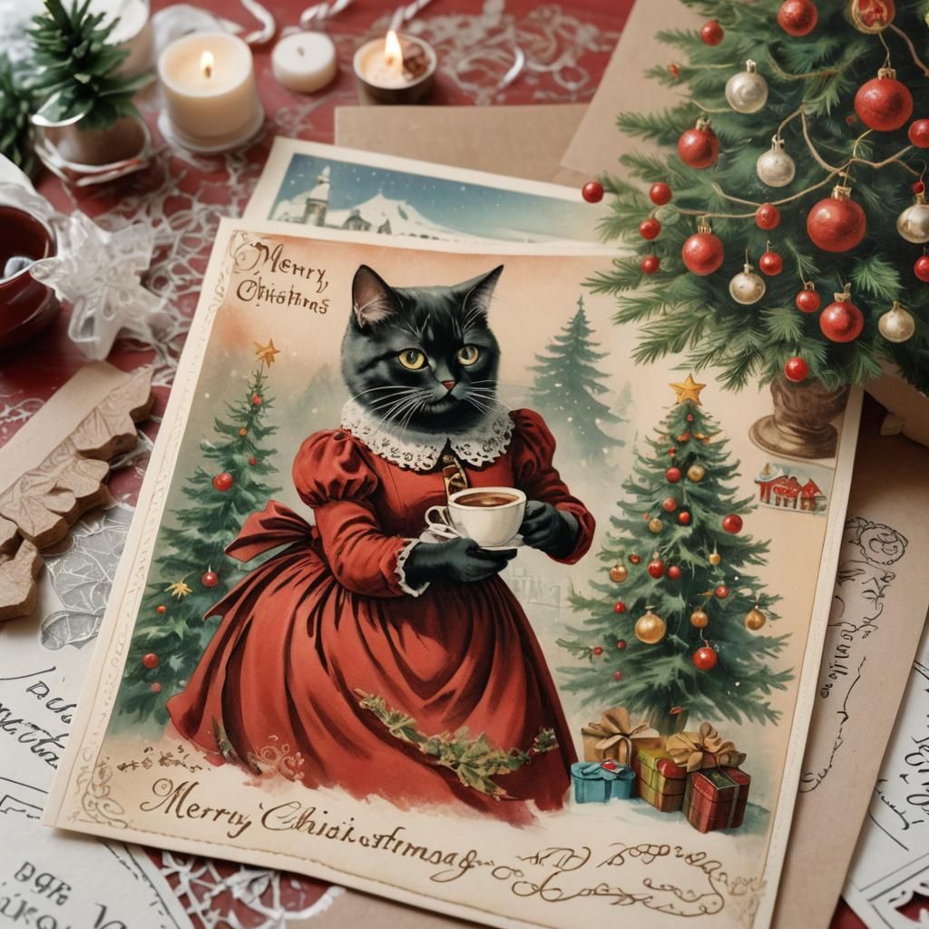Victorian Christmas Postcard with a Majestic Cat