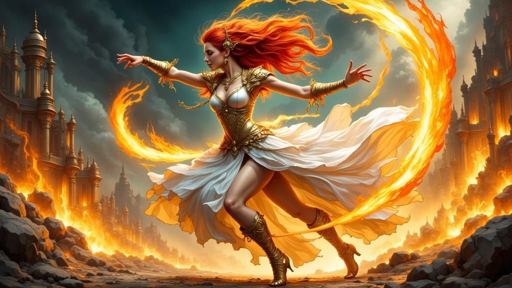 Elegant Redhead Dancer in Steel Armor, Fantasy Art